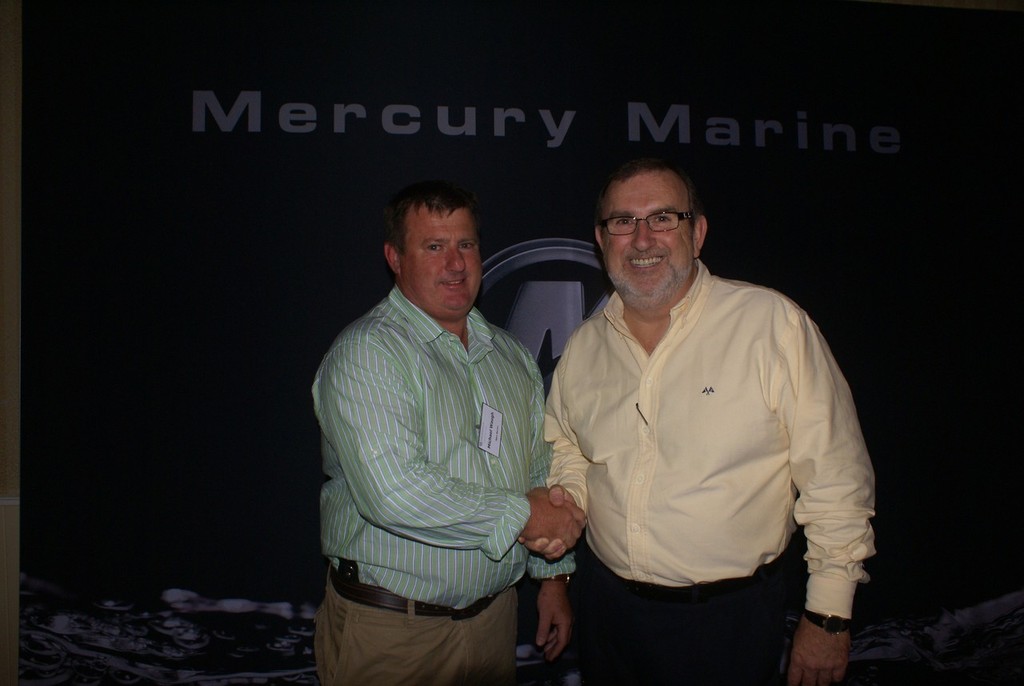 John Temple (right) ’presses the flesh’ with top Mercury dealer Michael Waugh, of Nitro Marine. Gold Coast. - The real McCoy © Bob Wonders